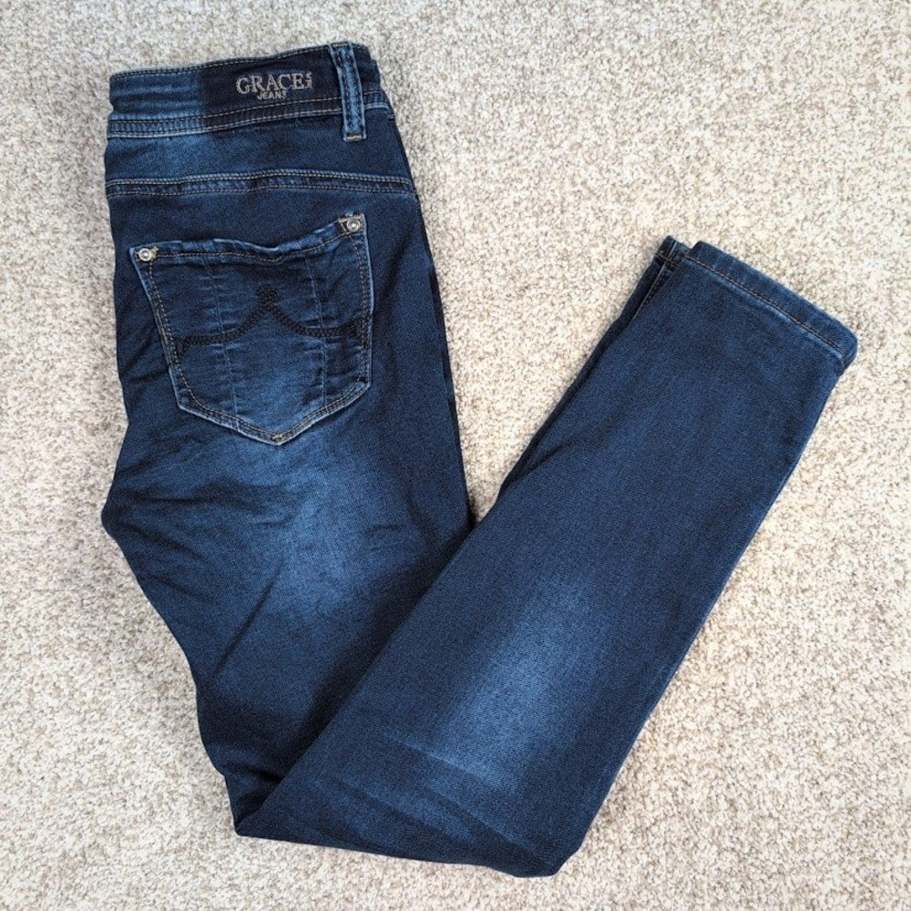Grace in LA Dark Wash Skinny Jeans Whiskered Faded Size 27 EN-9357-KT